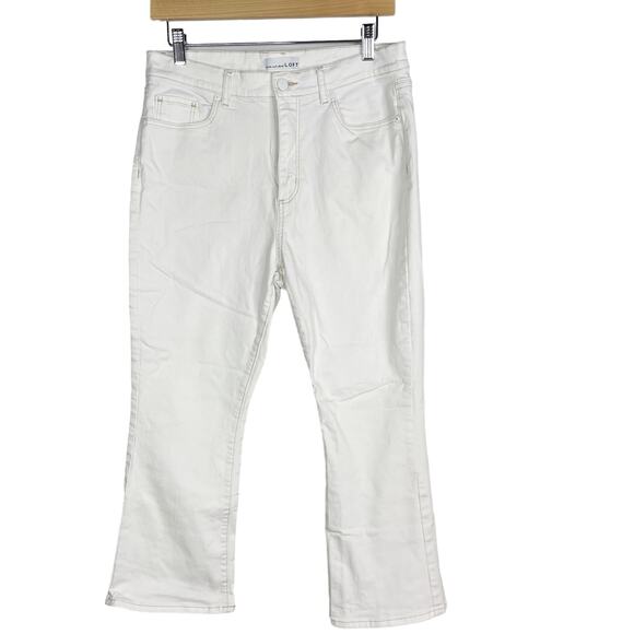 LOFT Size 30 / 10 Petite White High Rise Kick Crop Jeans Cotton Stretch Flare - Picture 1 of 12